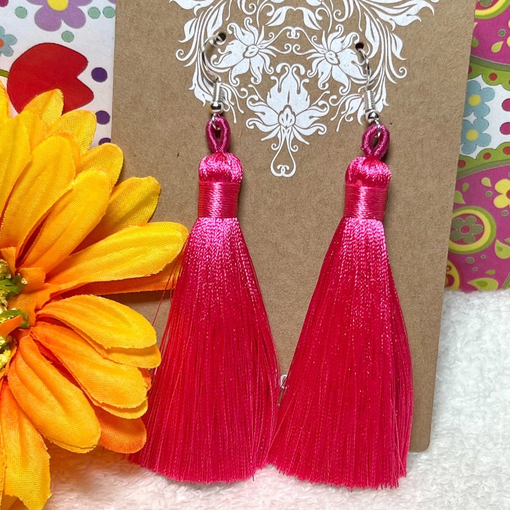 Tassel Earrings Long Drop Dangles Pink Smooth Silky Fringe Dressy Elegance NWT